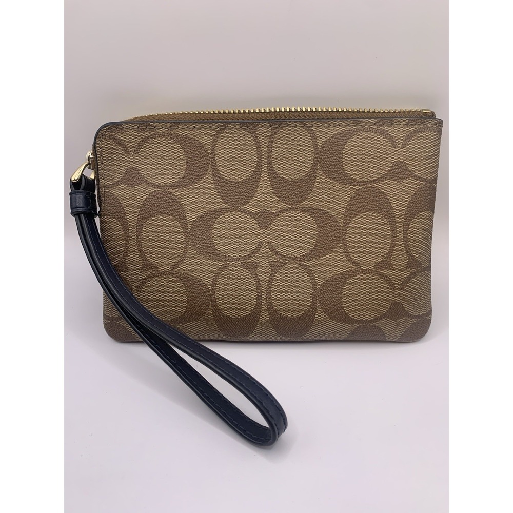 Women's Coach Corner‎ Zip Wristlet In Signature Canvas Khaki Navy - Picture 2 of 5